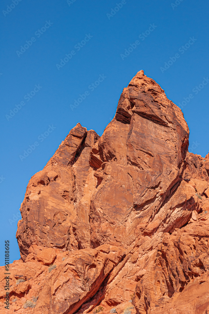 Fototapeta premium Overton, Nevada, USA - February 24, 2010: Valley of Fire. Portrait closeup of flame-shaped red rocks against blue sky.