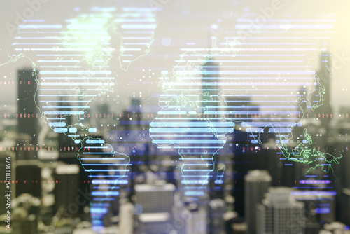 Multi exposure of abstract creative digital world map hologram on blurry cityscape background, research and analytics concept