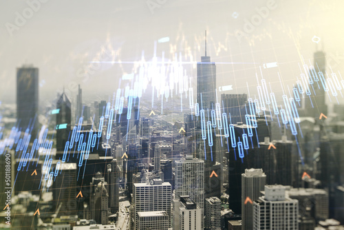 Multi exposure of virtual abstract financial chart hologram and world map on Chicago skyscrapers background, research and analytics concept