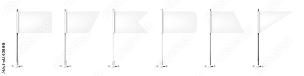 Realistic various table flags on a chrome steel pole. Blank white desk flag made of paper or fabric. Shiny metal stand. Mockup for promotion and advertising. Vector illustration Realistic various table flags on a chrome steel pole. Blank white desk flag made of paper or fabric. Shiny metal stand. Mockup for promotion and advertising. Vector illustration