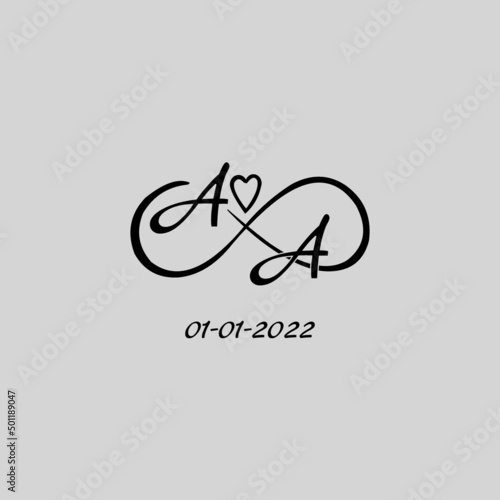 Letter AA logo with infinity and love symbol, elegant cute wedding monogram design