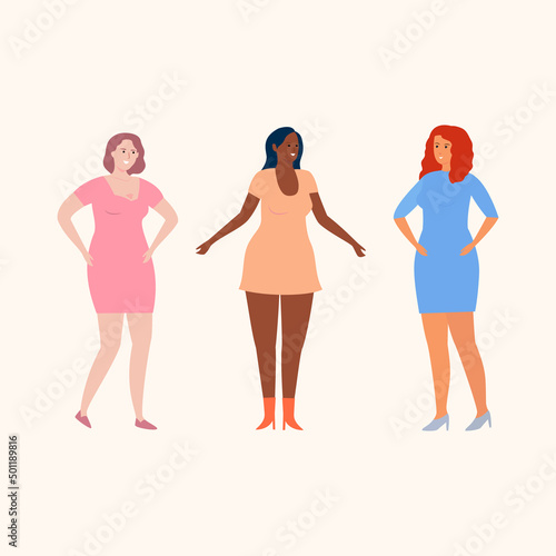 
different bodypositive women in light bright summer dresses. flat vector.