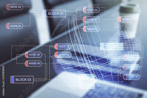 Abstract creative coding concept with world map on modern laptop background. Multiexposure