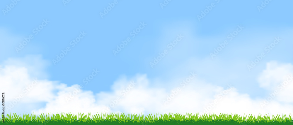 Seamless pattern Spring green grass landscape with could on blue sky in sunny day,Endless Vector cartoon banner Summer field of meadow,Horizontal backdrop lawn background - obrazy, fototapety, plakaty 