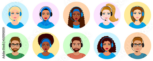 Set of customer support worker avatars. Call center operator icon. Racial diversity. Muslim woman wearing hijab, african woman, hispanic girl. Telemarketing or consultant worker. Headphones