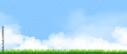 Seamless pattern Spring green grass landscape with could on blue sky in sunny day,Endless Vector cartoon banner Summer field of meadow,Horizontal backdrop lawn background