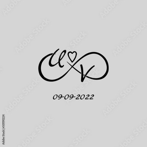 Letter UV logo with infinity and love symbol, elegant cute wedding monogram design