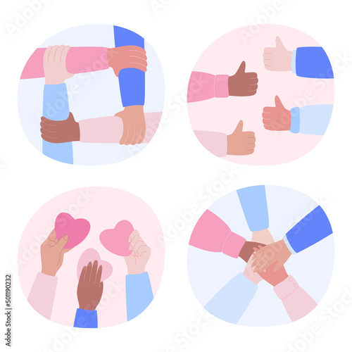 Hands in supportive gestures. Concept of community support, help, friendship and cooperation. Team building. Flat colorful vector illustration.