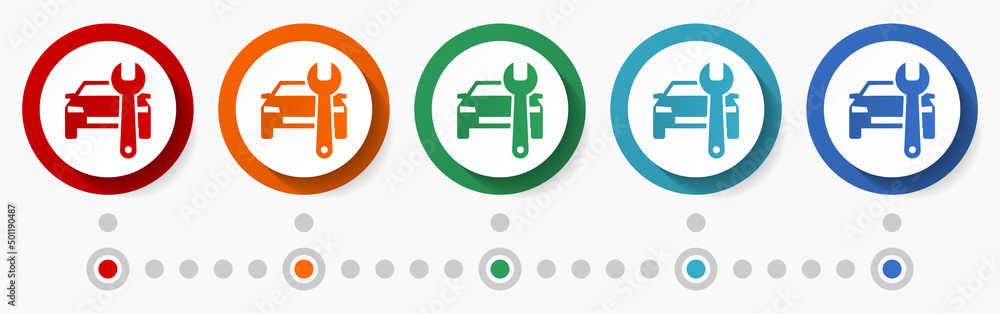 Car service, diagnostics concept vector icon set, infographic template, flat design circle colorful web buttons in 5 color options Car service, diagnostics concept vector icon set, infographic template, flat design circle colorful web buttons in 5 color options