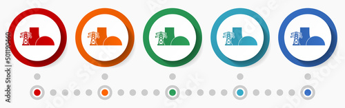 Nuclear power plant concept vector icon set, infographic template, flat design circle colorful web buttons in 5 color options
