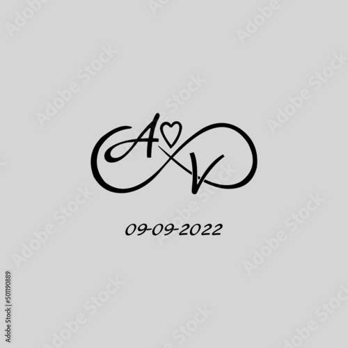 Letter AV logo with infinity and love symbol, elegant cute wedding monogram design