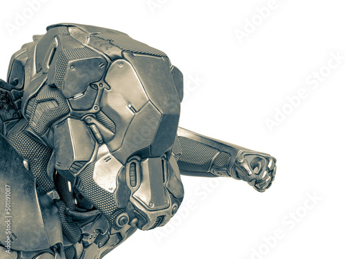alien female soldier is doing a power pse close up in white background with copy space