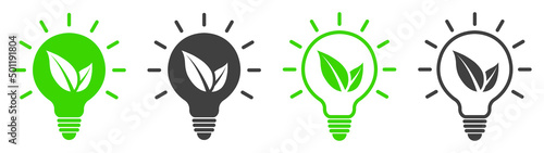 Set of ecology green bulb icons. Green bulb with leafs symbol. Leaf in the light bulb, plant. Ecological energy vector.