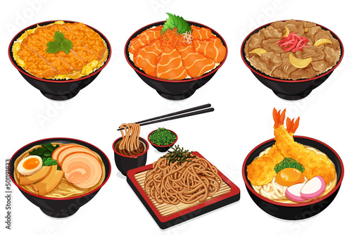 Japanese food recipes with rice and noodles illustration vector.  (Katsudon, Salmon Ikura Don, Gyudon, Ramen, Soba and Tempura Udon)