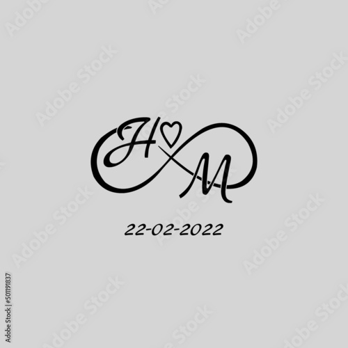 Letter HM logo with infinity and love symbol, elegant cute wedding monogram design