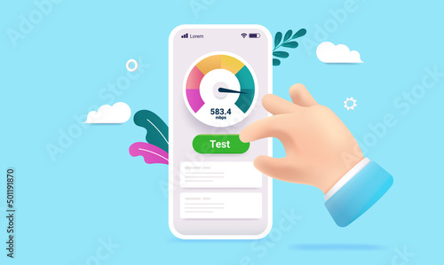 Internet speed test - Phone with tool for testing wifi and network speed. Semi flat vector illustration