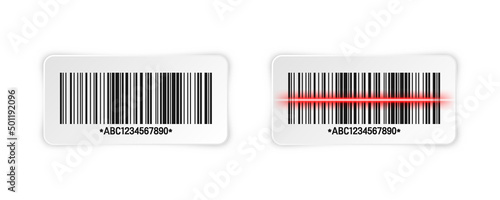 Realistic barcode sticker. Identification tracking code. Serial number, product ID with digital information. Store or supermarket scan labels, price tag. Vector illustration.