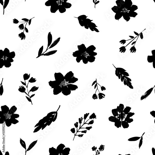 Camomile or daisy painted by brush. Black and white black ink texture. Feminine motif. Brush flower vector seamless pattern. Hand drawn painting for your fabric, wrapping paper, wallpaper design