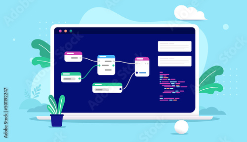 Visual scripting - Laptop computer with node based coding editor on screen. Vector illustration with blue background
