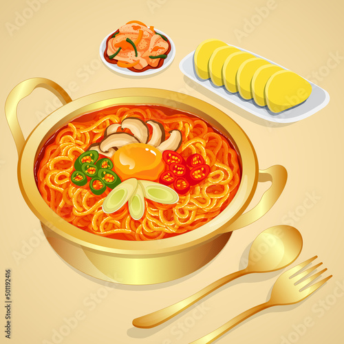 Spicy korean kimchi ramen set (Sundubu Ramyun, ramyeon noodles) in golden hot pot recipe illustration vector. photo