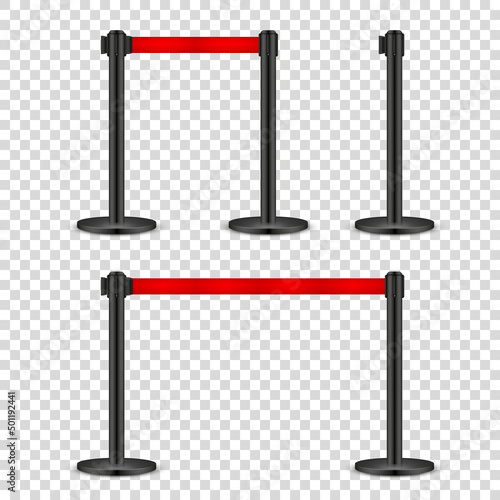 Realistic retractable belt stanchion on transparent background. Crowd control barrier posts with caution strap. Queue lines. Restriction border and danger tape. Vector illustration.