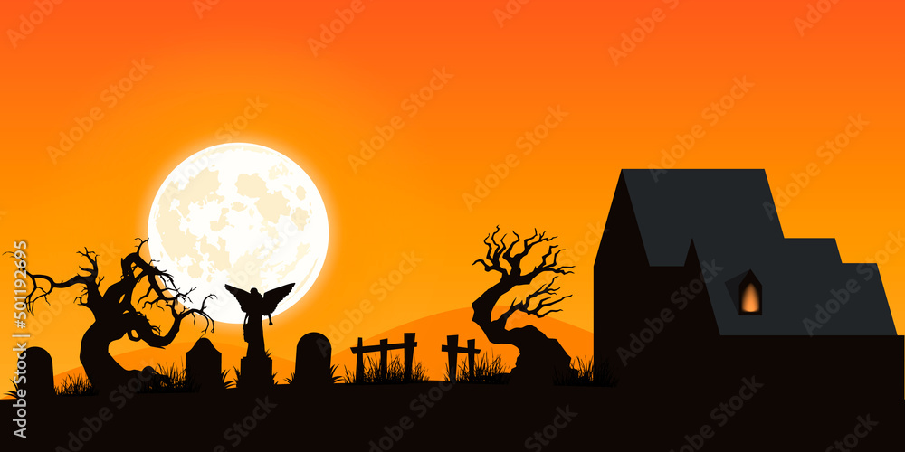 Old, abandoned village cemetery. Halloween 2022. Vector illustration.