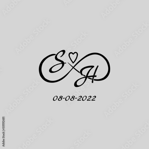 Letter SH logo with infinity and love symbol, elegant cute wedding monogram design