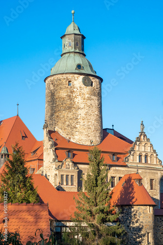 Obraz na płótnie Beautiful Czocha castle in Lesna, Poland, front view in spring time on blue sky background. Lower Silesia architecture landscape. w salonie