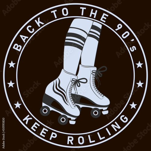 The image of a girl's legs on roller skates in the form of a stamp on a dark background. Vintage style 80s and 90s. Vector illustration