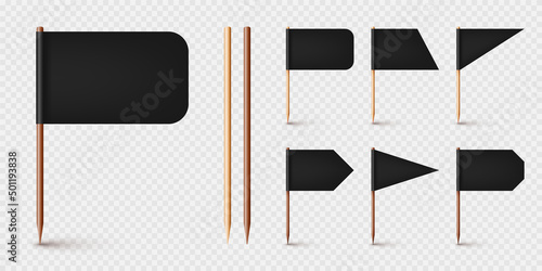 Realistic various toothpick flags. Wooden toothpicks with black paper flag. Location mark, map pointer. Blank mockup for advertising and promotions. Vector illustration