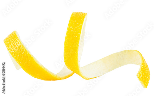 Fresh lemon twist isolated on a white background, healthy food. Spiral lemon peel or lemon zest.