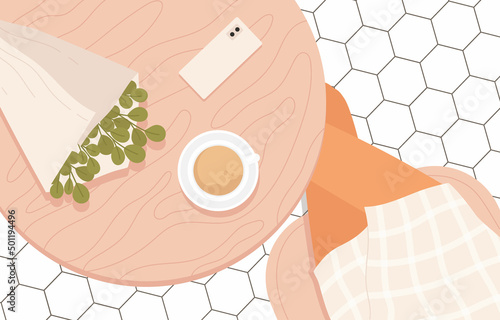 Top view of cafe table with female legs, eucalyptus bouquet, phone and coffee. Coffee shop with trendy style interior aesthetic. Stylish lifestyle. Isolated vector illustration in cartoon style.