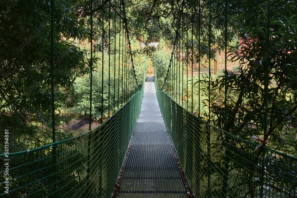 Fototapeta premium Longitudinal view of a suspension bridge surrounded by forest or jungle vegetation. The bridge crosses the Tambre river in Galicia, Spain.