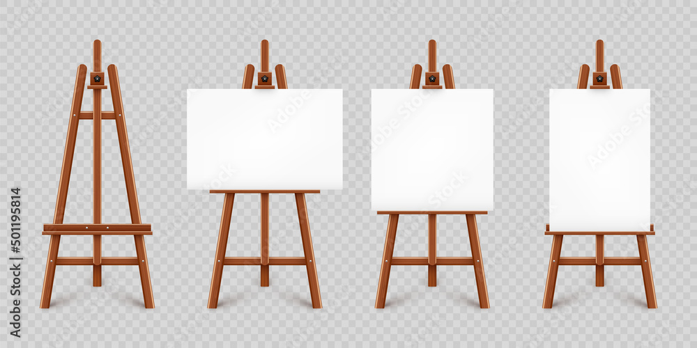 Realistic paint desk with blank white canvas. Wooden easel and a sheet of drawing paper. Presentation board on a tripod. Artwork mockup, template. Vector illustration - obrazy, fototapety, plakaty 