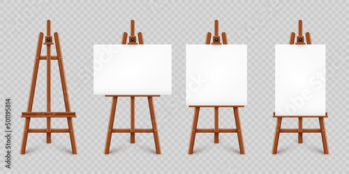Fototapeta Realistic paint desk with blank white canvas