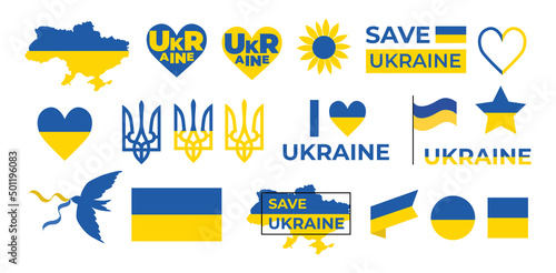 Set of Ukrainian symbols. Peace concept with Ukraine national flag, pigeon and heart shape. Print for stickers, poster and banner design