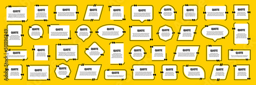 White isolated quote frames. Speech bubbles with quotation marks. Blank text box and quotes. Blog post template. Vector illustration.