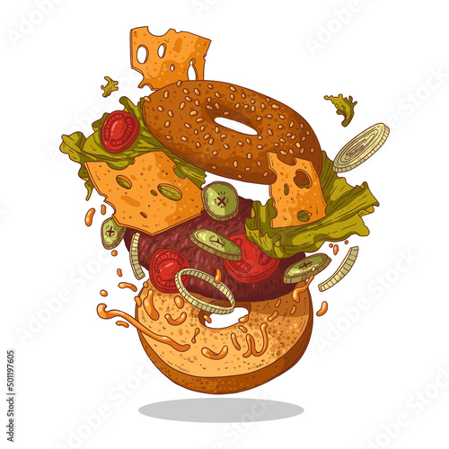 A cheeseburger, isolated vector illustration. Colored illustration of delicious burger with meat, cheese and vegetables in motion. Fast food cafe logo, signboard, menu page, ad banner design.