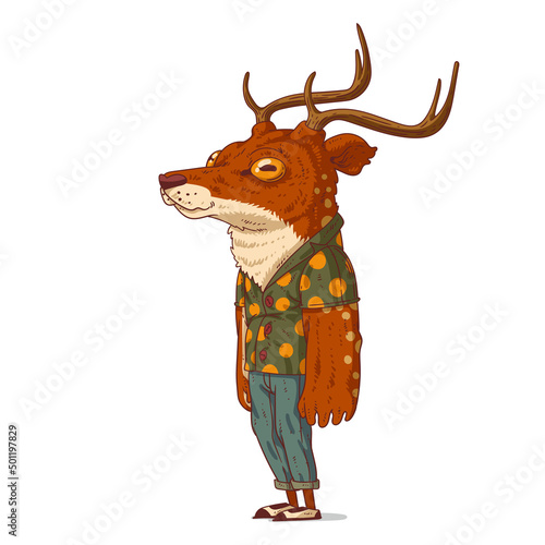 A muscle deer, isolated vector illustration. A bouncer guy. A humanized hipster deer. A jock. Calm casually dressed anthropomorphic deer with massive arms. An animal character with a human body.