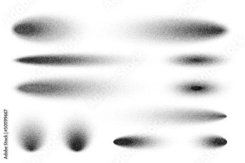 Stipple shadows set, dotted design elements. Fading gradient. Stippling, dotwork drawing, shading using dots. Pixel disintegration, halftone effect. White noise grainy texture. Vector illustration