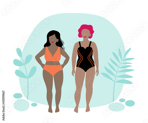 Two women in swimwear. Body positive beach style.