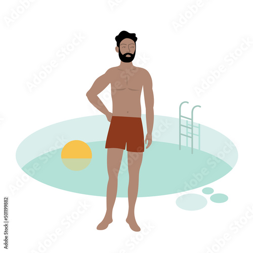 Man standing by the pool, wearing swimming shorts.