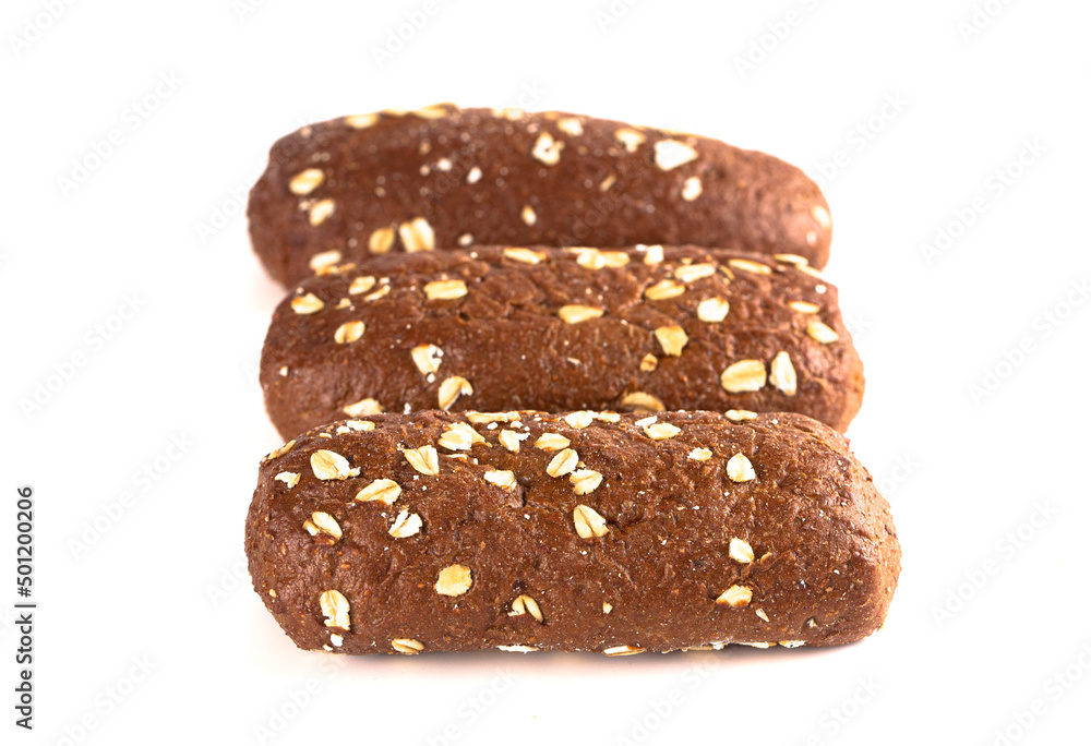 Dark Brown Bread with Oats on a White Background Dark Brown Bread with Oats on a White Background