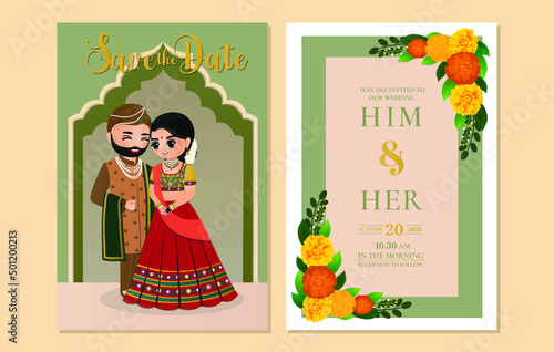  Wedding invitation card the bride and groom cute couple in traditional indian dress cartoon character. Vector illustration