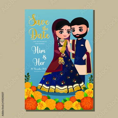  Wedding invitation card the bride and groom cute couple in traditional indian dress cartoon character. Vector illustration