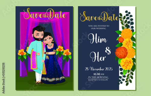  Wedding invitation card the bride and groom cute couple in traditional indian dress cartoon character. Vector illustration