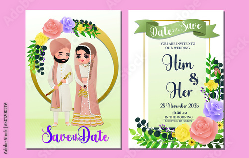 Wedding invitation card the bride and groom cute couple in traditional indian dress cartoon character. Vector illustration