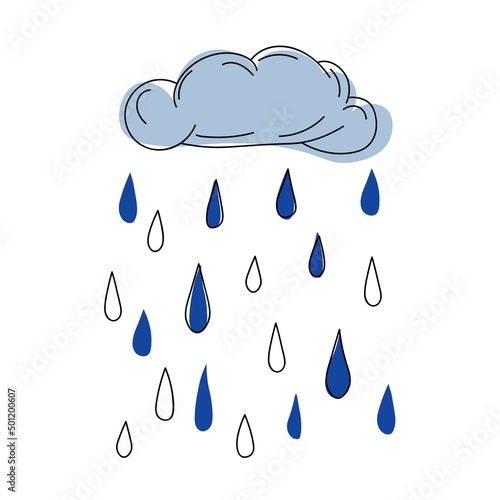 blue cloud with raindrops line art, cloud with blue rain for children's design
