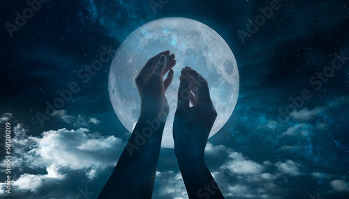 Women's hands up. Fantasy background with female hands. Dark space, stars, nebula. Space background, moonlight, hands, up. 3D illustration.