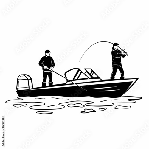 Silhouette of fishermen on a boat. Two fishermen with fishing rods. Black and white vector illustration